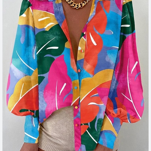 kirundo Tops - KIRUNDO Multicolor Leaf-Print Button-Down Shirt Women’s Size XXL
